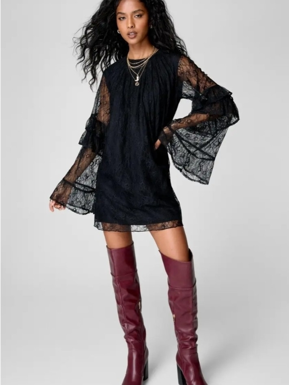 Nasty Gal Black Lace Ruffle Fluted Sleeve Mini Dress Sz 2